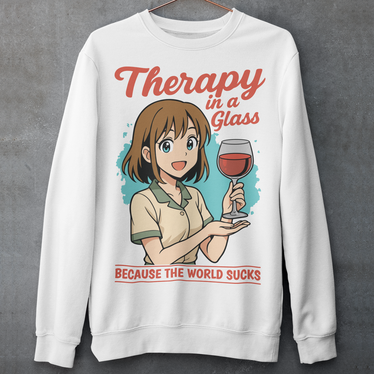 White sweatshirt featuring an anime-style girl smiling and holding a glass of red wine. The design includes the text “Therapy in a glass” at the top and “because the world sucks” at the bottom. The illustration uses soft colors with a teal background accent, combining cute anime aesthetics with sarcastic humor about wine and stress relief.
