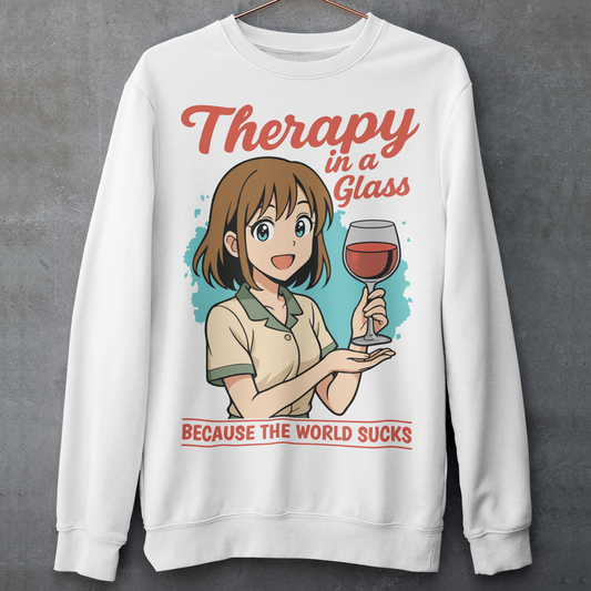 White sweatshirt featuring an anime-style girl smiling and holding a glass of red wine. The design includes the text “Therapy in a glass” at the top and “because the world sucks” at the bottom. The illustration uses soft colors with a teal background accent, combining cute anime aesthetics with sarcastic humor about wine and stress relief.