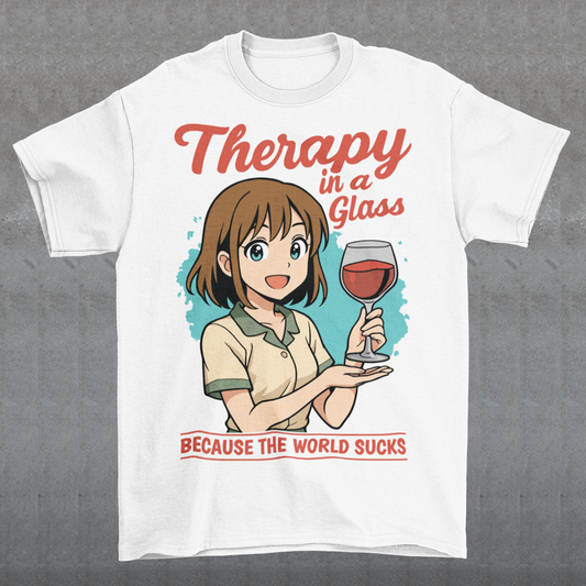 White t-shirt featuring an anime-style girl smiling and holding a glass of red wine. The design includes the text “Therapy in a glass” at the top and “because the world sucks” at the bottom. The illustration uses soft colors with a teal background accent, combining cute anime aesthetics with sarcastic humor about wine and stress relief.