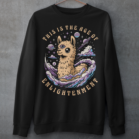 Black sweatshirt of a Llama with a third eye in space with text THIS IS THE AGE OF ENLIGHTENMENT.