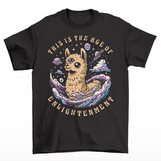 Black t-shirt of a Llama with a third eye in space with text THIS IS THE AGE OF ENLIGHTENMENT.