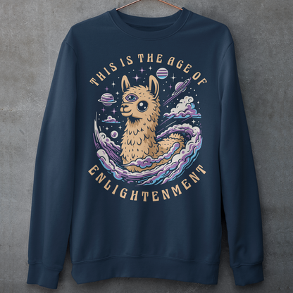 Embrace cosmic wisdom with our captivating Llama sweatshirt! Picture this: amidst the vast expanse of space, a serene Llama gazes into the universe, its third eye gleaming with enlightenment. With swirling galaxies as its backdrop, this design captures the essence of transcendence and insight. Around the celestial spectacle, bold text declares, 'THIS IS THE AGE OF ENLIGHTENMENT,' heralding a new era of awareness and understanding.