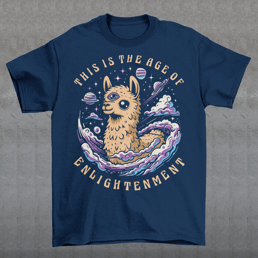 Embrace cosmic wisdom with our captivating Llama t-shirt! Picture this: amidst the vast expanse of space, a serene Llama gazes into the universe, its third eye gleaming with enlightenment. With swirling galaxies as its backdrop, this design captures the essence of transcendence and insight. Around the celestial spectacle, bold text declares, 'THIS IS THE AGE OF ENLIGHTENMENT,' heralding a new era of awareness and understanding.