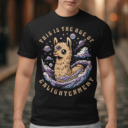 Embrace cosmic wisdom with our captivating Llama t-shirt! Picture this: amidst the vast expanse of space, a serene Llama gazes into the universe, its third eye gleaming with enlightenment. With swirling galaxies as its backdrop, this design captures the essence of transcendence and insight. Around the celestial spectacle, bold text declares, 'THIS IS THE AGE OF ENLIGHTENMENT,' heralding a new era of awareness and understanding.