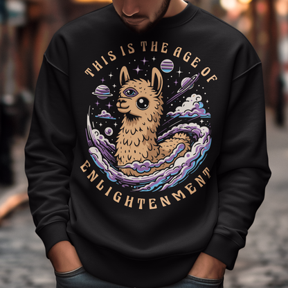Embrace cosmic wisdom with our captivating Llama sweatshirt! Picture this: amidst the vast expanse of space, a serene Llama gazes into the universe, its third eye gleaming with enlightenment. With swirling galaxies as its backdrop, this design captures the essence of transcendence and insight. Around the celestial spectacle, bold text declares, 'THIS IS THE AGE OF ENLIGHTENMENT,' heralding a new era of awareness and understanding.