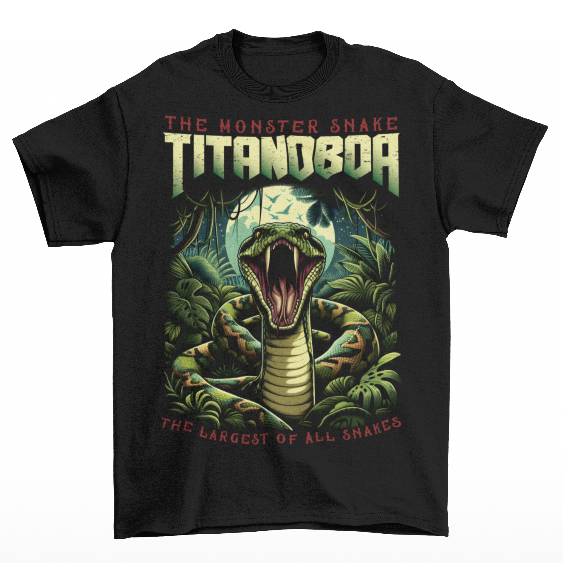 Black t-shirt of a boa constrictor with text above THE MONSTER SNAKE TITANOBOA.