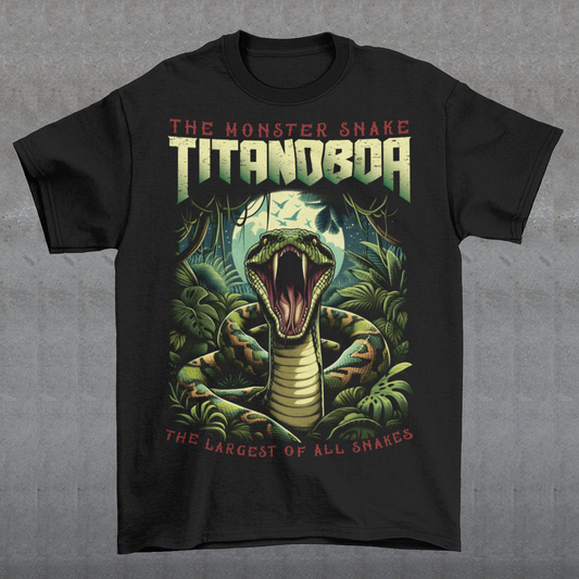 Unleash your wild side with our exclusive Titanoboa t-shirt, featuring a striking and lifelike illustration of a boa constrictor in all its majestic glory. The detailed artwork captures the essence of this ancient, colossal serpent, with scales so realistic you can almost feel them. Above the formidable snake, bold and powerful text reads "THE MONSTER SNAKE TITANOBOA," making a clear statement that commands attention. Perfect for snake enthusiasts