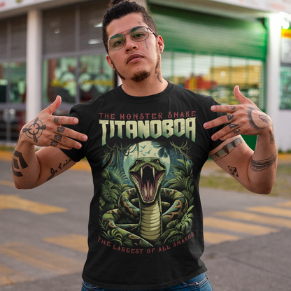 Unleash your wild side with our exclusive Titanoboa t-shirt, featuring a striking and lifelike illustration of a boa constrictor in all its majestic glory. The detailed artwork captures the essence of this ancient, colossal serpent, with scales so realistic you can almost feel them. Above the formidable snake, bold and powerful text reads "THE MONSTER SNAKE TITANOBOA," making a clear statement that commands attention. Perfect for snake enthusiasts