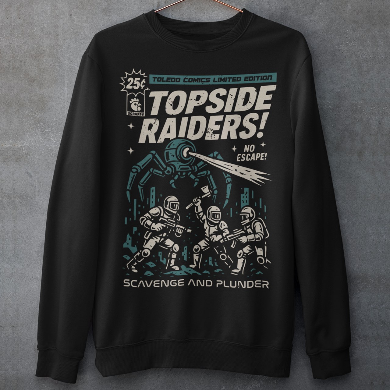 Gear up for an post-apocalyptic showdown with this bold “Topside Raiders” graphic Sweatshirt, inspired by vintage sci-fi comic book covers and Arc Raiders. The design features raiders locked in battle against a towering multi-legged mechanical AI spider, complete with dynamic motion lines, retro typography, and distressed comic-print styling. Perfect for sci-fi fans, comic collectors, gamers, and anyone who loves extraction shooters, this shirt delivers a powerful blend of nostalgia and futuristic action. I