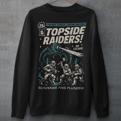 Gear up for an post-apocalyptic showdown with this bold “Topside Raiders” graphic Sweatshirt, inspired by vintage sci-fi comic book covers and Arc Raiders. The design features raiders locked in battle against a towering multi-legged mechanical AI spider, complete with dynamic motion lines, retro typography, and distressed comic-print styling. Perfect for sci-fi fans, comic collectors, gamers, and anyone who loves extraction shooters, this shirt delivers a powerful blend of nostalgia and futuristic action. I