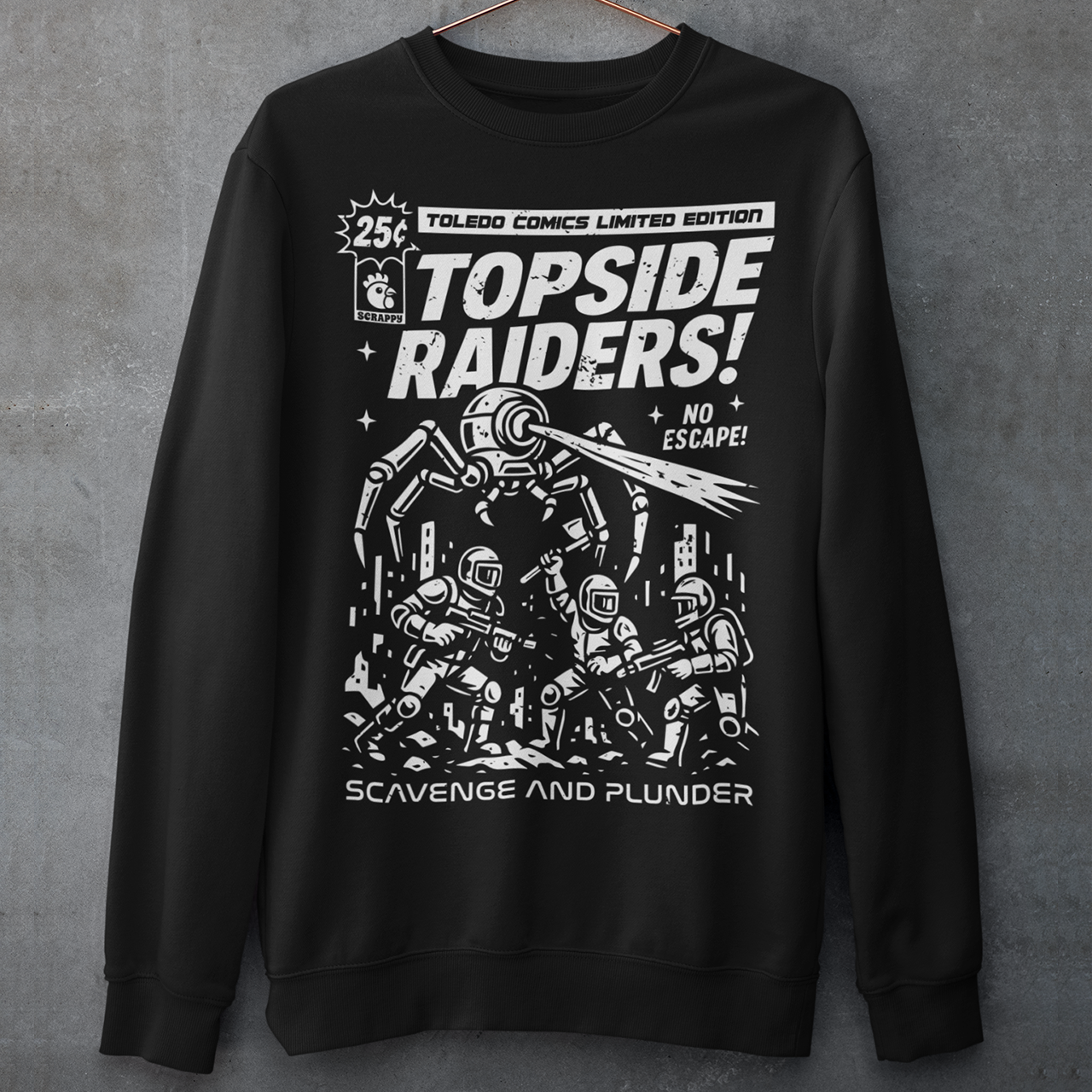 Gear up for an post-apocalyptic showdown with this bold “Topside Raiders” graphic Sweatshirt, inspired by vintage sci-fi comic book covers and Arc Raiders. The design features raiders locked in battle against a towering multi-legged mechanical AI spider, complete with dynamic motion lines, retro typography, and distressed comic-print styling. Perfect for sci-fi fans, comic collectors, gamers, and anyone who loves extraction shooters, this shirt delivers a powerful blend of nostalgia and futuristic action. I