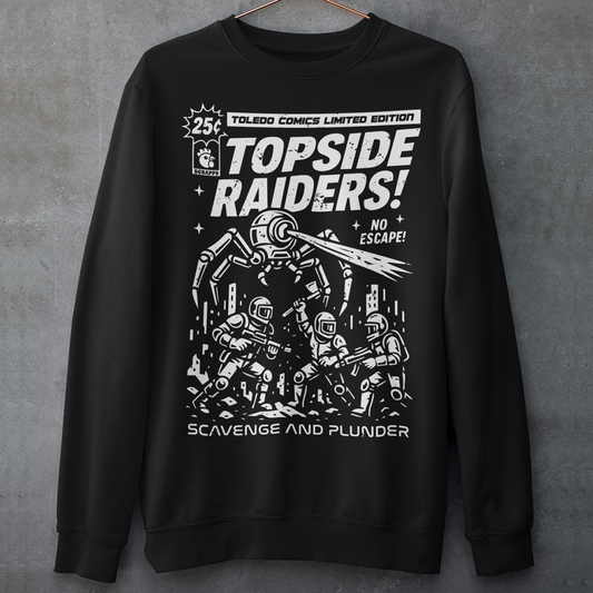 Gear up for an post-apocalyptic showdown with this bold “Topside Raiders” graphic Sweatshirt, inspired by vintage sci-fi comic book covers and Arc Raiders. The design features raiders locked in battle against a towering multi-legged mechanical AI spider, complete with dynamic motion lines, retro typography, and distressed comic-print styling. Perfect for sci-fi fans, comic collectors, gamers, and anyone who loves extraction shooters, this shirt delivers a powerful blend of nostalgia and futuristic action. I