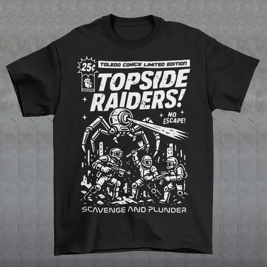 Gear up for an post-apocalyptic showdown with this bold “Topside Raiders” graphic T-shirt, inspired by vintage sci-fi comic book covers and Arc Raiders. The design features raiders locked in battle against a towering multi-legged mechanical AI spider, complete with dynamic motion lines, retro typography, and distressed comic-print styling. Perfect for sci-fi fans, comic collectors, gamers, and anyone who loves extraction shooters, this shirt delivers a powerful blend of nostalgia and futuristic action. It’s
