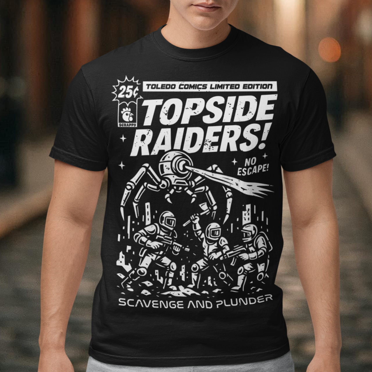 Gear up for an post-apocalyptic showdown with this bold “Topside Raiders” graphic T-shirt, inspired by vintage sci-fi comic book covers and Arc Raiders. The design features raiders locked in battle against a towering multi-legged mechanical AI spider, complete with dynamic motion lines, retro typography, and distressed comic-print styling. Perfect for sci-fi fans, comic collectors, gamers, and anyone who loves extraction shooters, this shirt delivers a powerful blend of nostalgia and futuristic action. It’s