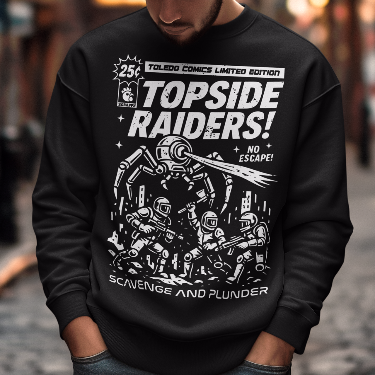 Gear up for an post-apocalyptic showdown with this bold “Topside Raiders” graphic Sweatshirt, inspired by vintage sci-fi comic book covers and Arc Raiders. The design features raiders locked in battle against a towering multi-legged mechanical AI spider, complete with dynamic motion lines, retro typography, and distressed comic-print styling. Perfect for sci-fi fans, comic collectors, gamers, and anyone who loves extraction shooters, this shirt delivers a powerful blend of nostalgia and futuristic action. I