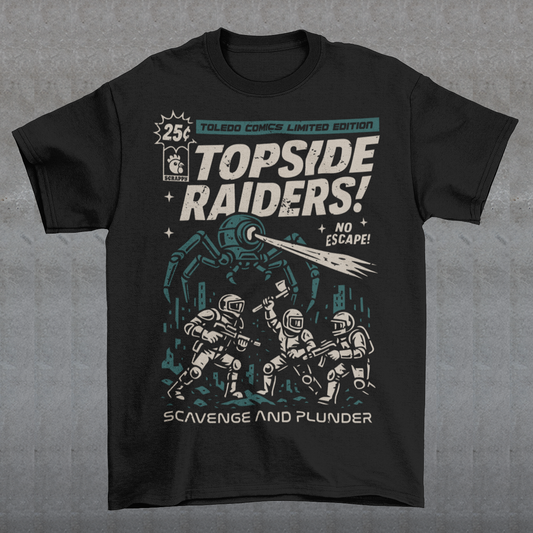 Gear up for an post-apocalyptic showdown with this bold “Topside Raiders” graphic T-shirt, inspired by vintage sci-fi comic book covers and Arc Raiders. The design features raiders locked in battle against a towering multi-legged mechanical AI spider, complete with dynamic motion lines, retro typography, and distressed comic-print styling. Perfect for sci-fi fans, comic collectors, gamers, and anyone who loves extraction shooters, this shirt delivers a powerful blend of nostalgia and futuristic action. It’s