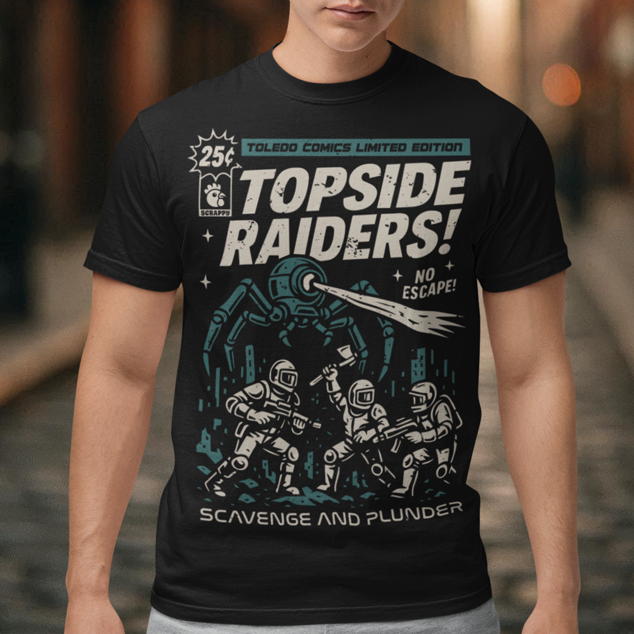 Gear up for an post-apocalyptic showdown with this bold “Topside Raiders” graphic T-shirt, inspired by vintage sci-fi comic book covers and Arc Raiders. The design features raiders locked in battle against a towering multi-legged mechanical AI spider, complete with dynamic motion lines, retro typography, and distressed comic-print styling. Perfect for sci-fi fans, comic collectors, gamers, and anyone who loves extraction shooters, this shirt delivers a powerful blend of nostalgia and futuristic action. It’s