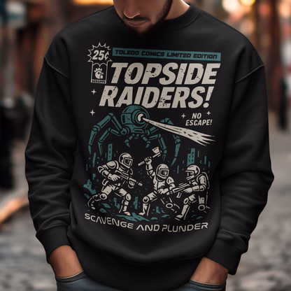 Gear up for an post-apocalyptic showdown with this bold “Topside Raiders” graphic Sweatshirt, inspired by vintage sci-fi comic book covers and Arc Raiders. The design features raiders locked in battle against a towering multi-legged mechanical AI spider, complete with dynamic motion lines, retro typography, and distressed comic-print styling. Perfect for sci-fi fans, comic collectors, gamers, and anyone who loves extraction shooters, this shirt delivers a powerful blend of nostalgia and futuristic action. I