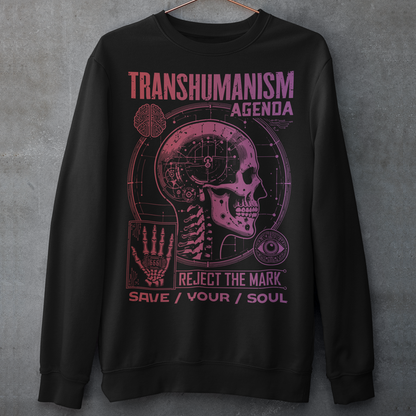 Black sweatshirt of a Transhumanism Agenda with mark of the beast.