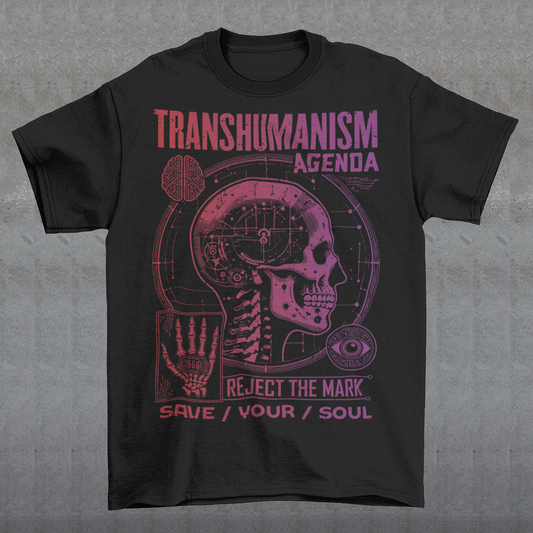Graphic t-shirt featuring a futuristic 'Transhumanism Agenda' theme, depicting a humanoid figure with robotic enhancements and a glowing digital eye. The figure bears the 'mark of the beast'—a barcode or microchip symbol—on its forehead. Circuit patterns and neon blue lines radiate across a dark, high-tech background, emphasizing a dystopian fusion of man and machine. The design suggests a cautionary message about technology and identity.