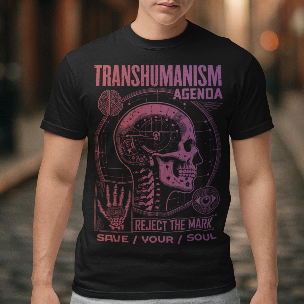 Step into the future—or run from it. This striking graphic tee captures the chilling collision of transhumanist ambition and apocalyptic prophecy. Featuring a sleek, cybernetic figure etched with the ominous Mark of the Beast (𝟨𝟨𝟨), it’s a bold statement on the accelerating merge between man, machine, and control. With glitchy digital motifs, biometric scan lines, and occult symbolism woven into the design, this shirt doesn’t just question the future—it dares it.