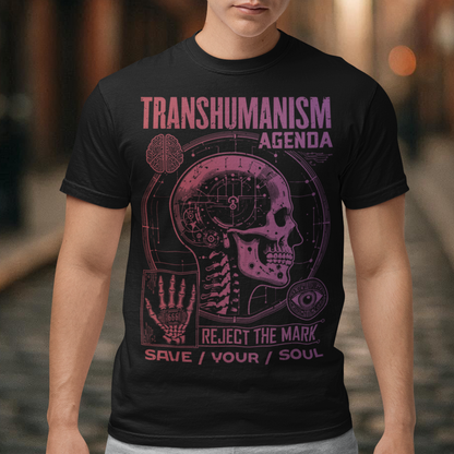 Step into the future—or run from it. This striking graphic tee captures the chilling collision of transhumanist ambition and apocalyptic prophecy. Featuring a sleek, cybernetic figure etched with the ominous Mark of the Beast (𝟨𝟨𝟨), it’s a bold statement on the accelerating merge between man, machine, and control. With glitchy digital motifs, biometric scan lines, and occult symbolism woven into the design, this shirt doesn’t just question the future—it dares it.