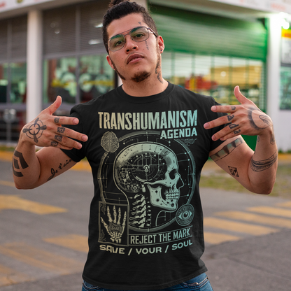 Graphic t-shirt featuring a futuristic 'Transhumanism Agenda' theme, depicting a humanoid figure with robotic enhancements and a glowing digital eye. The figure bears the 'mark of the beast'—a barcode or microchip symbol—on its forehead. Circuit patterns and neon blue lines radiate across a dark, high-tech background, emphasizing a dystopian fusion of man and machine. The design suggests a cautionary message about technology and identity.