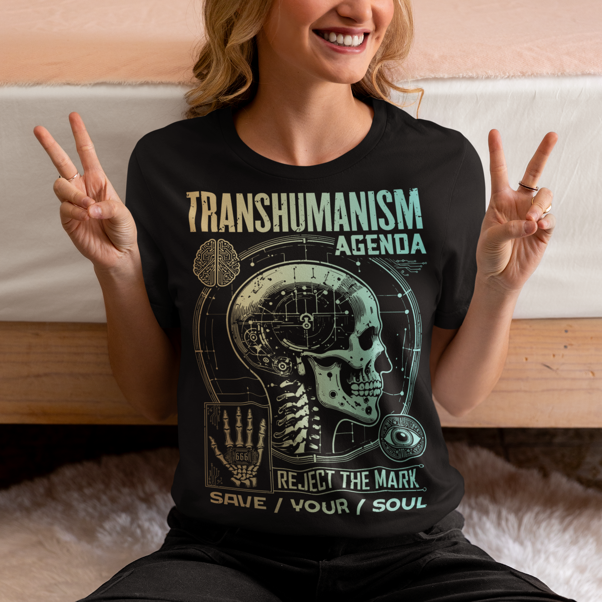 Graphic t-shirt featuring a futuristic 'Transhumanism Agenda' theme, depicting a humanoid figure with robotic enhancements and a glowing digital eye. The figure bears the 'mark of the beast'—a barcode or microchip symbol—on its forehead. Circuit patterns and neon blue lines radiate across a dark, high-tech background, emphasizing a dystopian fusion of man and machine. The design suggests a cautionary message about technology and identity.