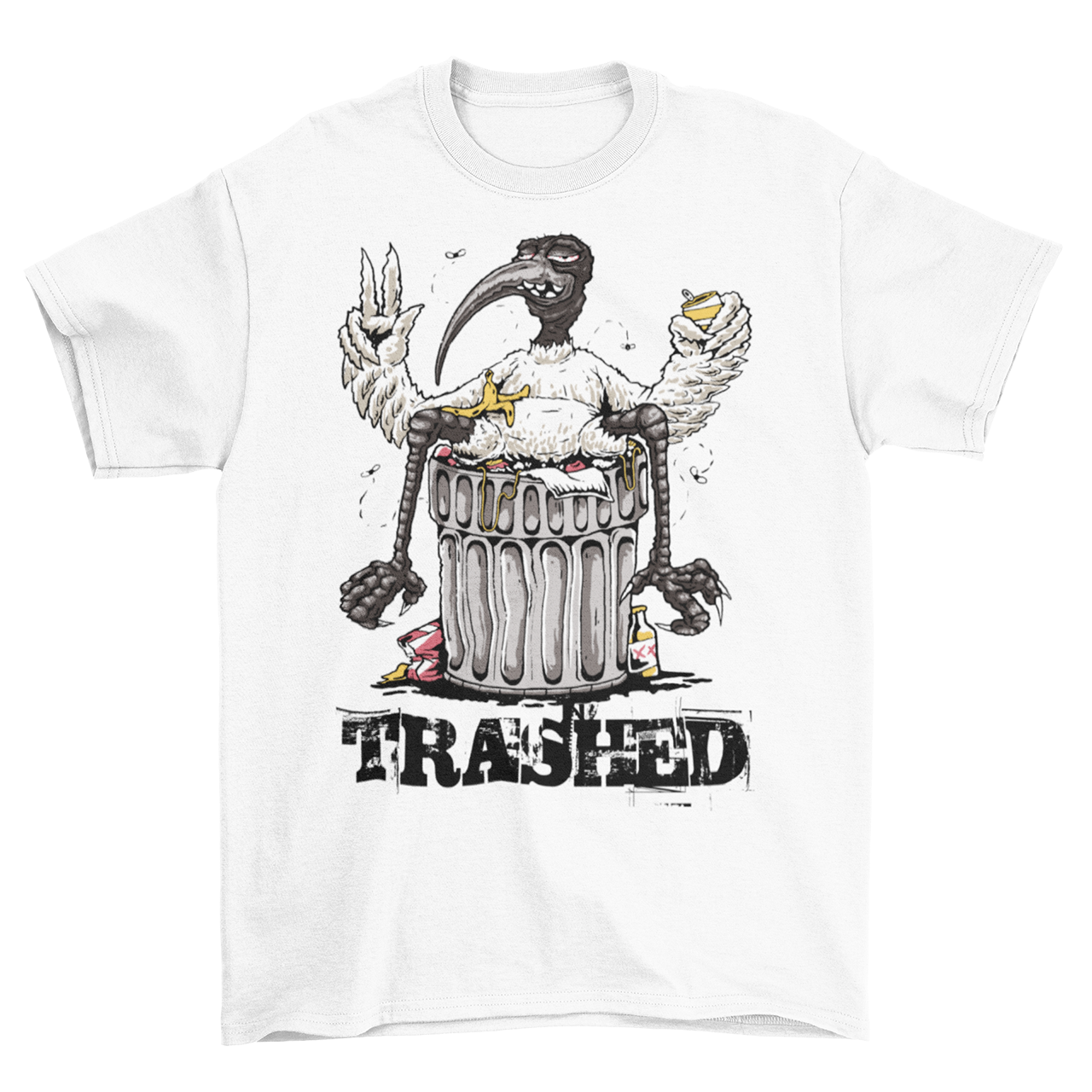 White t-shirt with a bird sitting on a trash can with text "TRASHED".