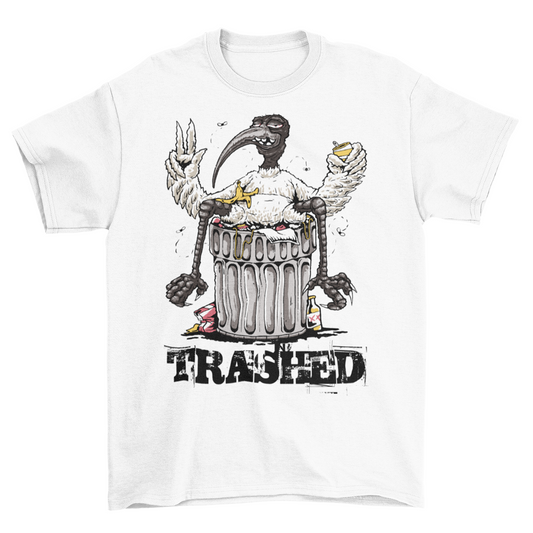 White t-shirt with a bird sitting on a trash can with text "TRASHED".