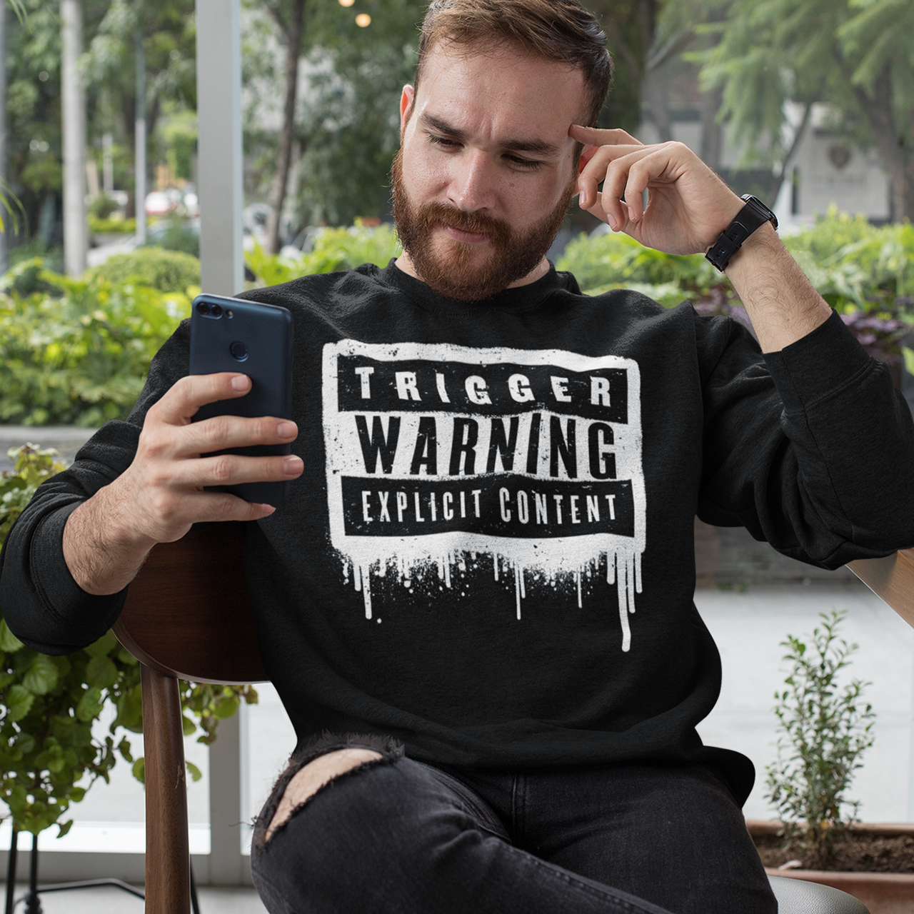 Trigger Warning Explicit Content Black Sweatshirt.