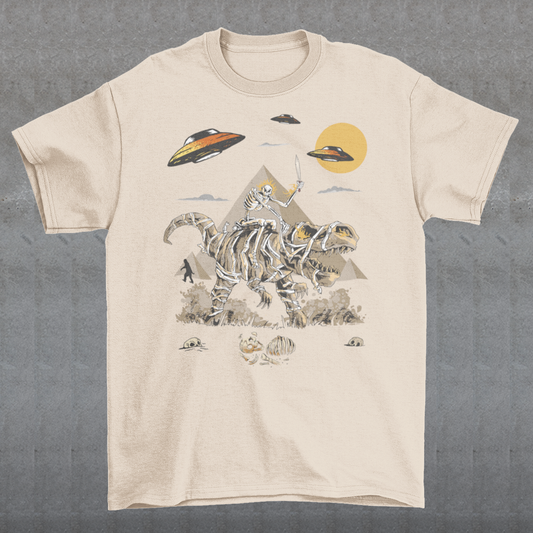 Get ready to embark on an epic adventure with our mind-blowing t-shirt design! Picture this: a skeleton riding a T-Rex through the ancient wonders of Egypt, with UFOs hovering in the sky and Bigfoot mysteriously lurking in the background. It's a jaw-dropping fusion of history, mythology, and the unknown, all beautifully captured in one captivating design.