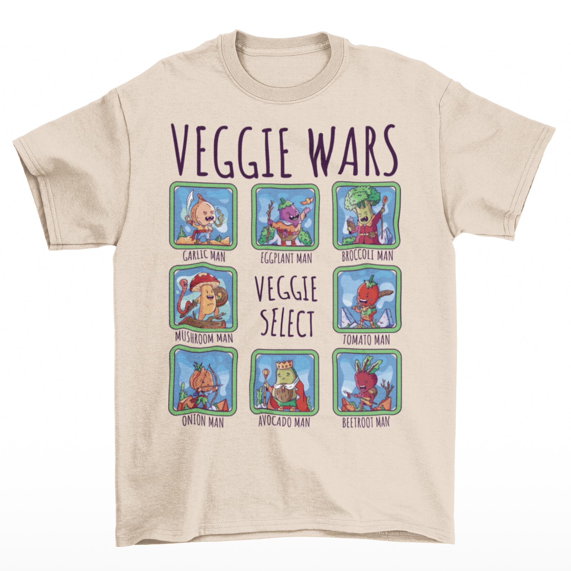 Cream t-shirt of cartoon medieval vegetables in select boxes with text on top VEGGIE WARS and text in the center VEGGIE SELECT.