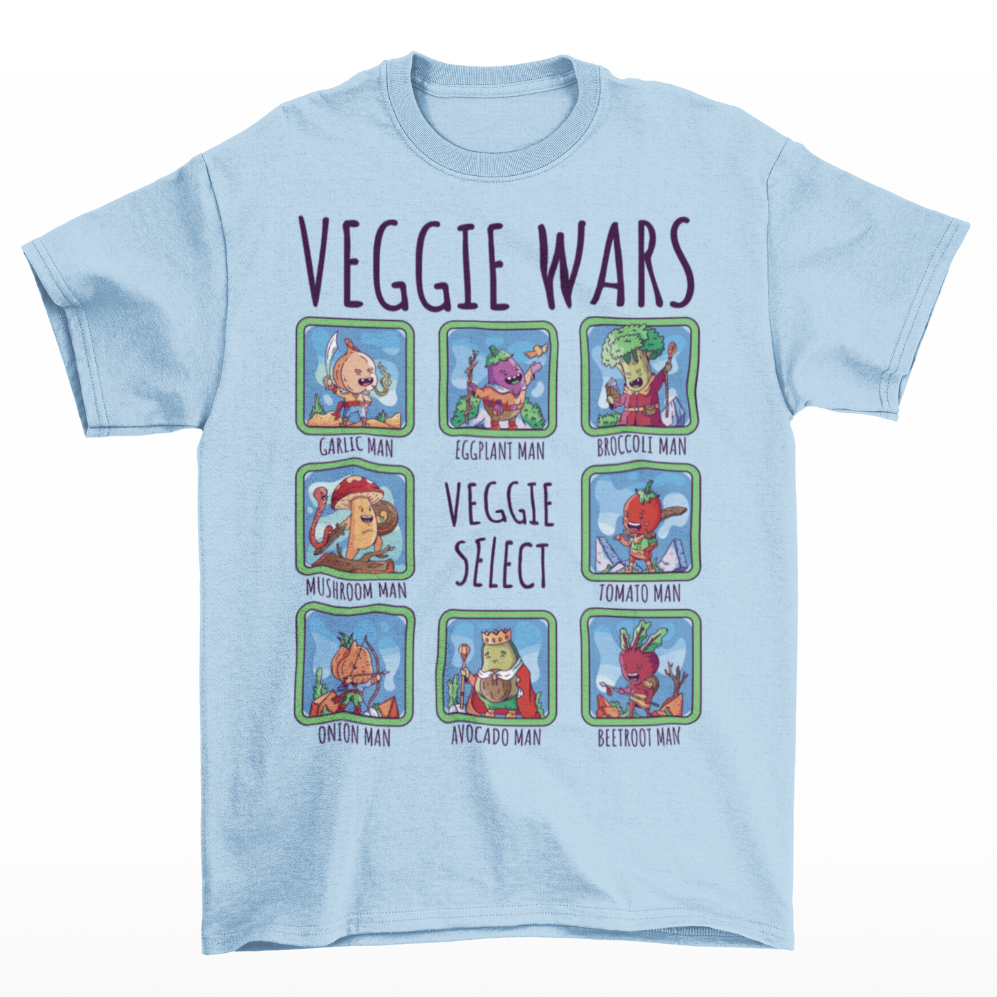 Light blue t-shirt of cartoon medieval vegetables in select boxes with text on top VEGGIE WARS and text in the center VEGGIE SELECT.