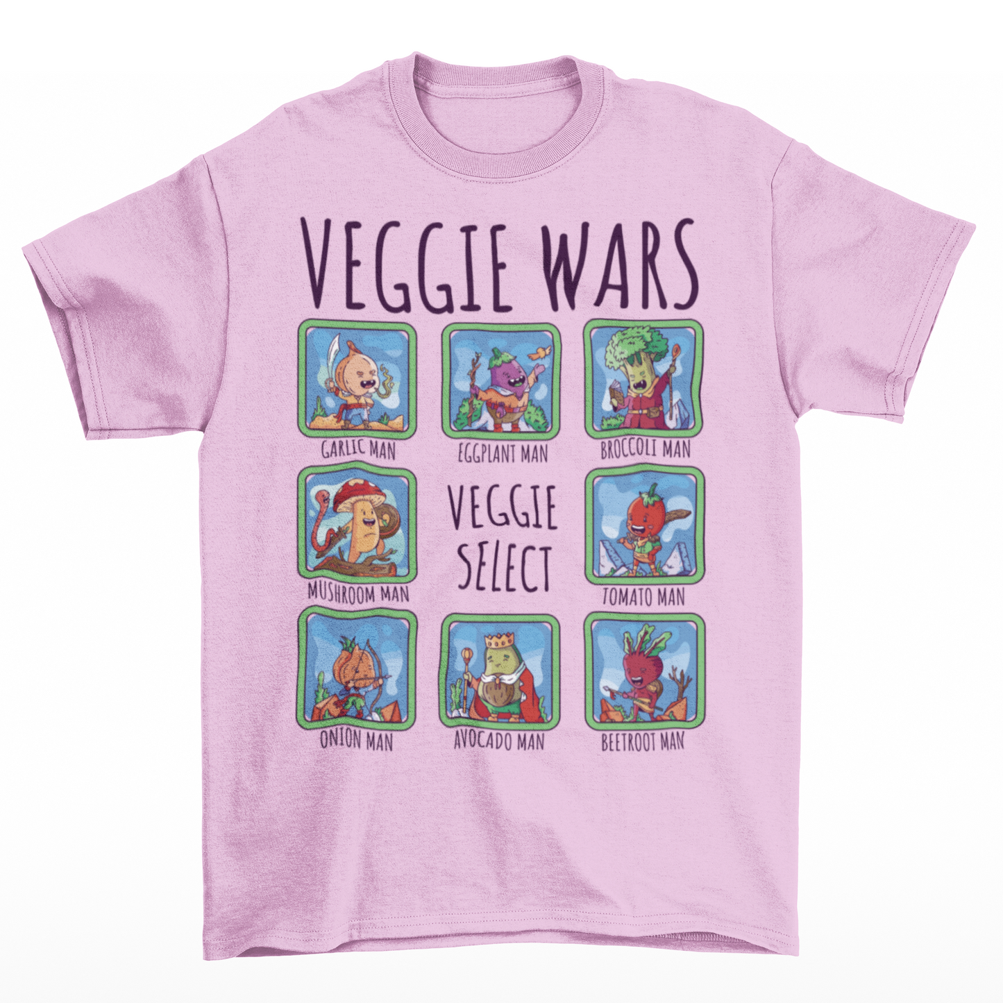 Pink t-shirt of cartoon medieval vegetables in select boxes with text on top VEGGIE WARS and text in the center VEGGIE SELECT.