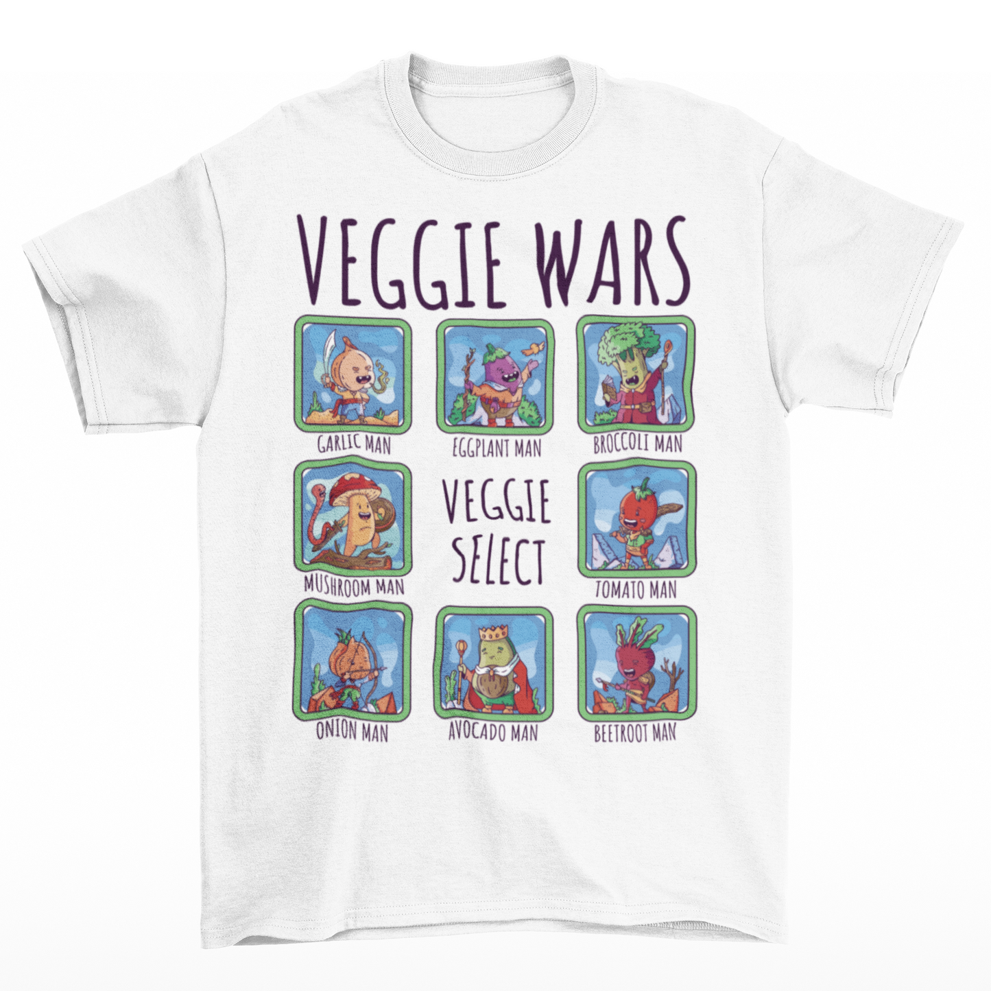 White t-shirt of cartoon medieval vegetables in select boxes with text on top VEGGIE WARS and text in the center VEGGIE SELECT.