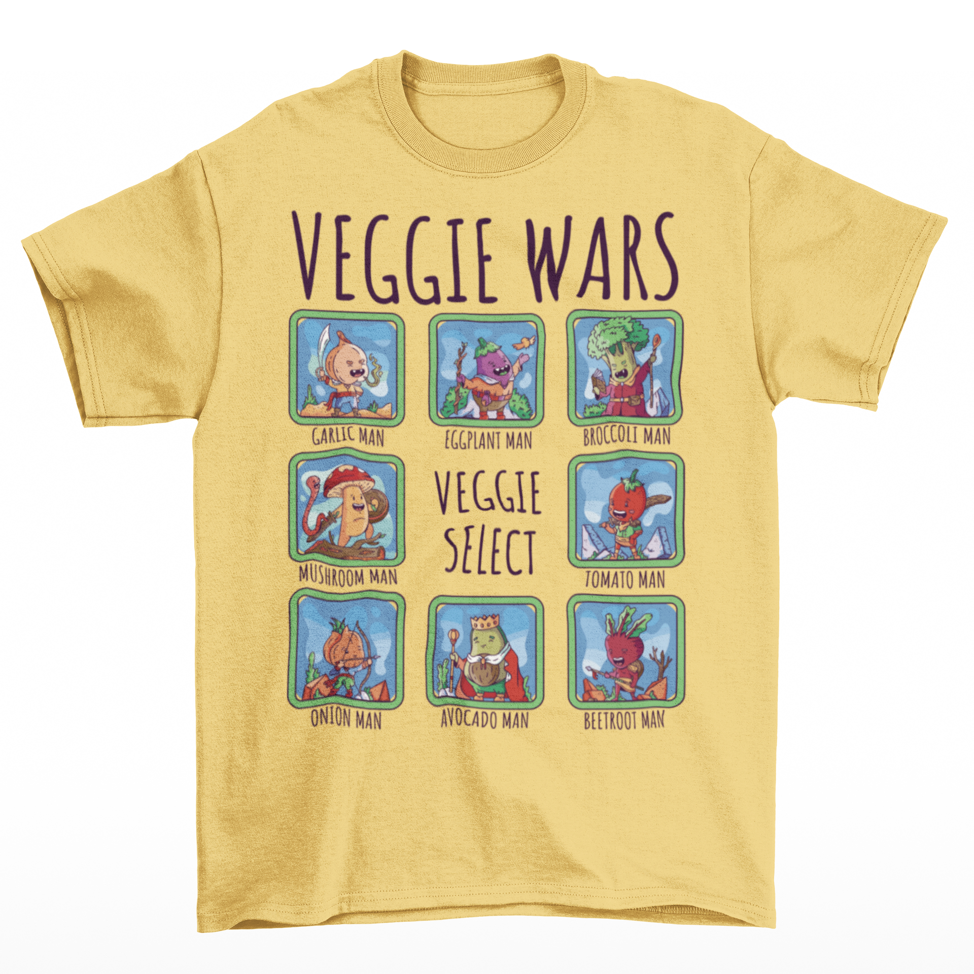 Yellow t-shirt of cartoon medieval vegetables in select boxes with text on top VEGGIE WARS and text in the center VEGGIE SELECT.