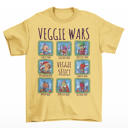 Yellow t-shirt of cartoon medieval vegetables in select boxes with text on top VEGGIE WARS and text in the center VEGGIE SELECT.