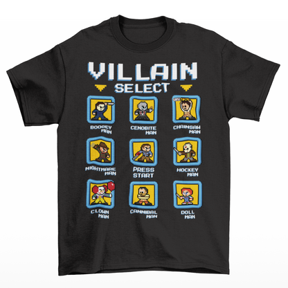 Black t-shirt of pixel horror characters from horror movies with text "VILLAIN SELECT".