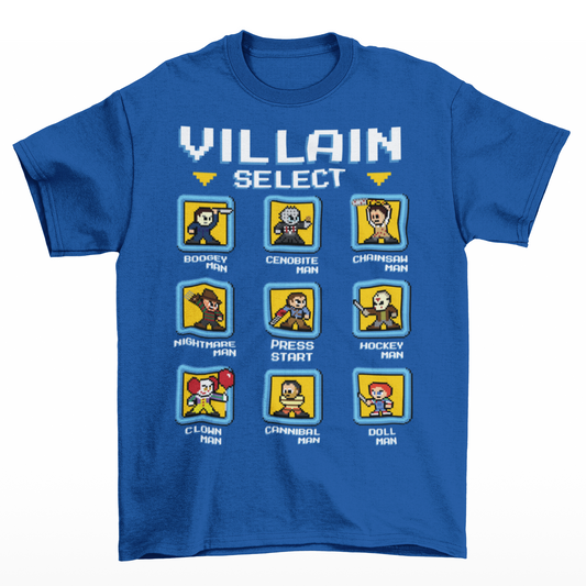 Royal Blue t-shirt of pixel horror characters from horror movies with text "VILLAIN SELECT".