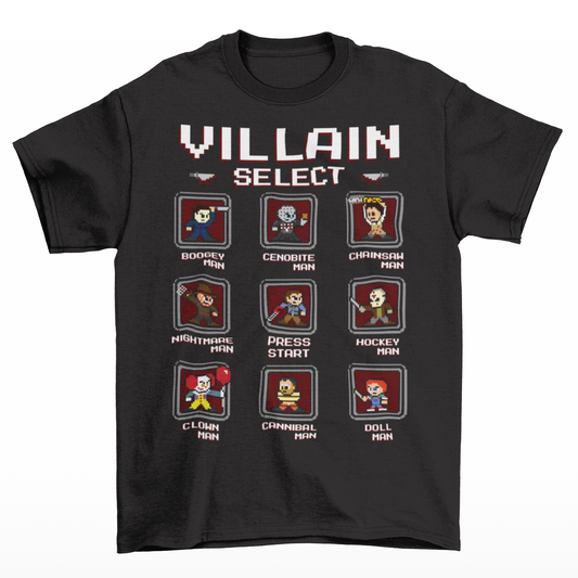 Black t-shirt of pixel horror characters from horror movies with text "VILLAIN SELECT".