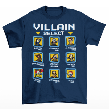 Navy t-shirt of pixel horror characters from horror movies with text "VILLAIN SELECT".