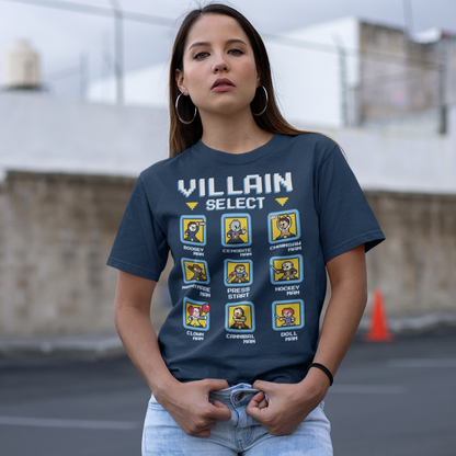 Navy t-shirt of pixel horror characters from horror movies with text "VILLAIN SELECT".