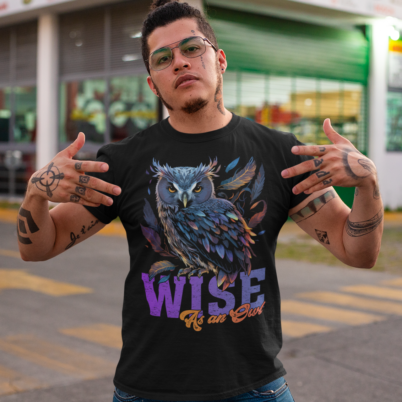 Black t-shirt with watercolor owl and text "WISE AS AN OWL".