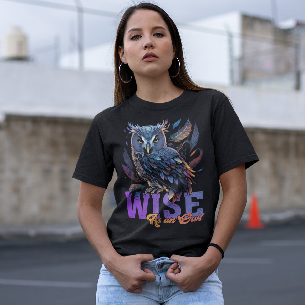 Black t-shirt with watercolor owl and text "WISE AS AN OWL".