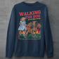 Navy sweatshirt of a girl taking Cerberus dog for a walk with text WALKING THE DOG JUST GOT TRIPLE THE FUN.