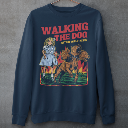 Introducing our newest sweatshirt for all the daring dog walkers out there! If you're brave enough to take on the underworld's fiercest hound, Cerberus, then this shirt is for you. With a bold print of a girl confidently strolling alongside the three-headed beast, our "WALKING THE DOG JUST GOT TRIPLE THE FUN" tee is perfect for anyone who likes to add a bit of excitement to their daily routine.