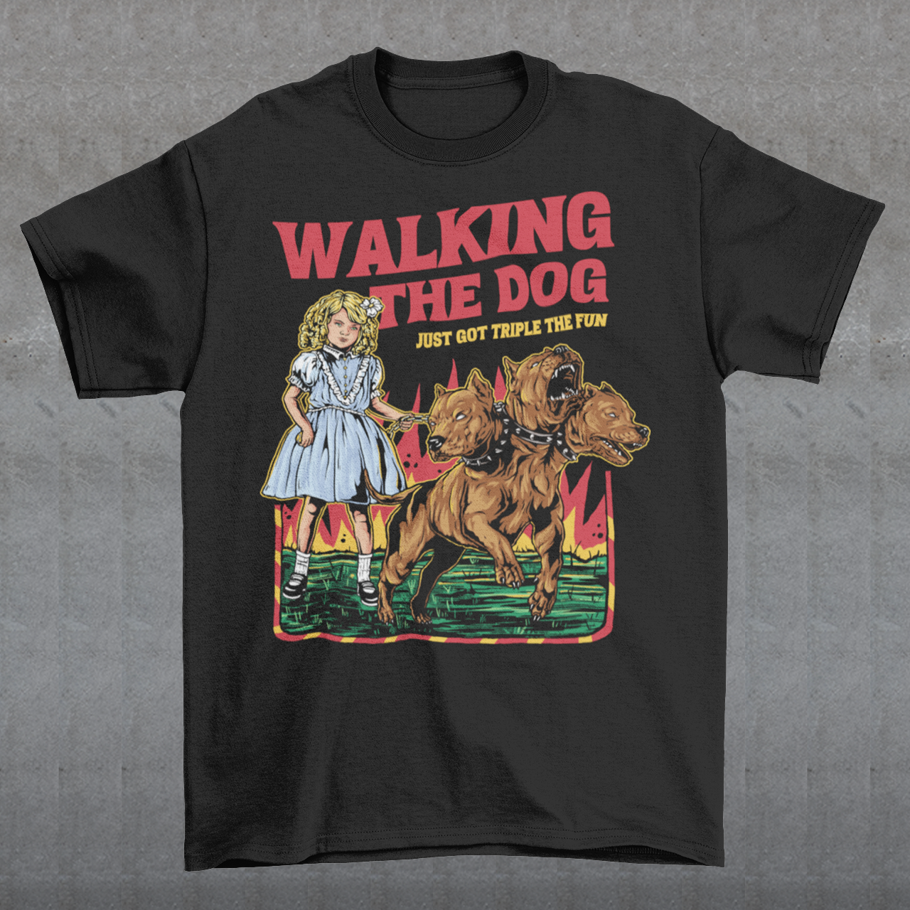 Introducing our newest t-shirt for all the daring dog walkers out there! If you're brave enough to take on the underworld's fiercest hound, Cerberus, then this shirt is for you. With a bold print of a girl confidently strolling alongside the three-headed beast, our "WALKING THE DOG JUST GOT TRIPLE THE FUN" tee is perfect for anyone who likes to add a bit of excitement to their daily routine.