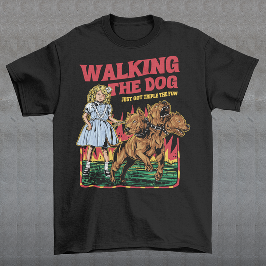 Introducing our newest t-shirt for all the daring dog walkers out there! If you're brave enough to take on the underworld's fiercest hound, Cerberus, then this shirt is for you. With a bold print of a girl confidently strolling alongside the three-headed beast, our "WALKING THE DOG JUST GOT TRIPLE THE FUN" tee is perfect for anyone who likes to add a bit of excitement to their daily routine.