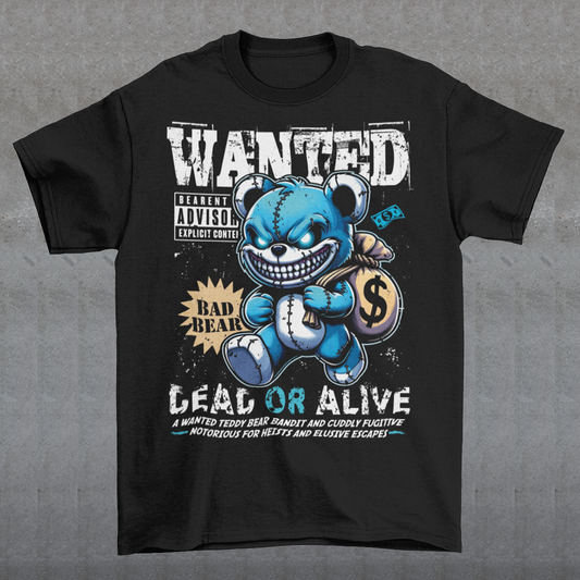 Turn heads with this bold and playful graphic tee featuring a mischievous teddy bear caught in the act! The design showcases a cartoon-style teddy bear sneaking away with a bag of money. Above the bear reads “WANTED”, while below it warns “DEAD OR ALIVE” giving it a vintage outlaw poster vibe with a fun, lighthearted twist.